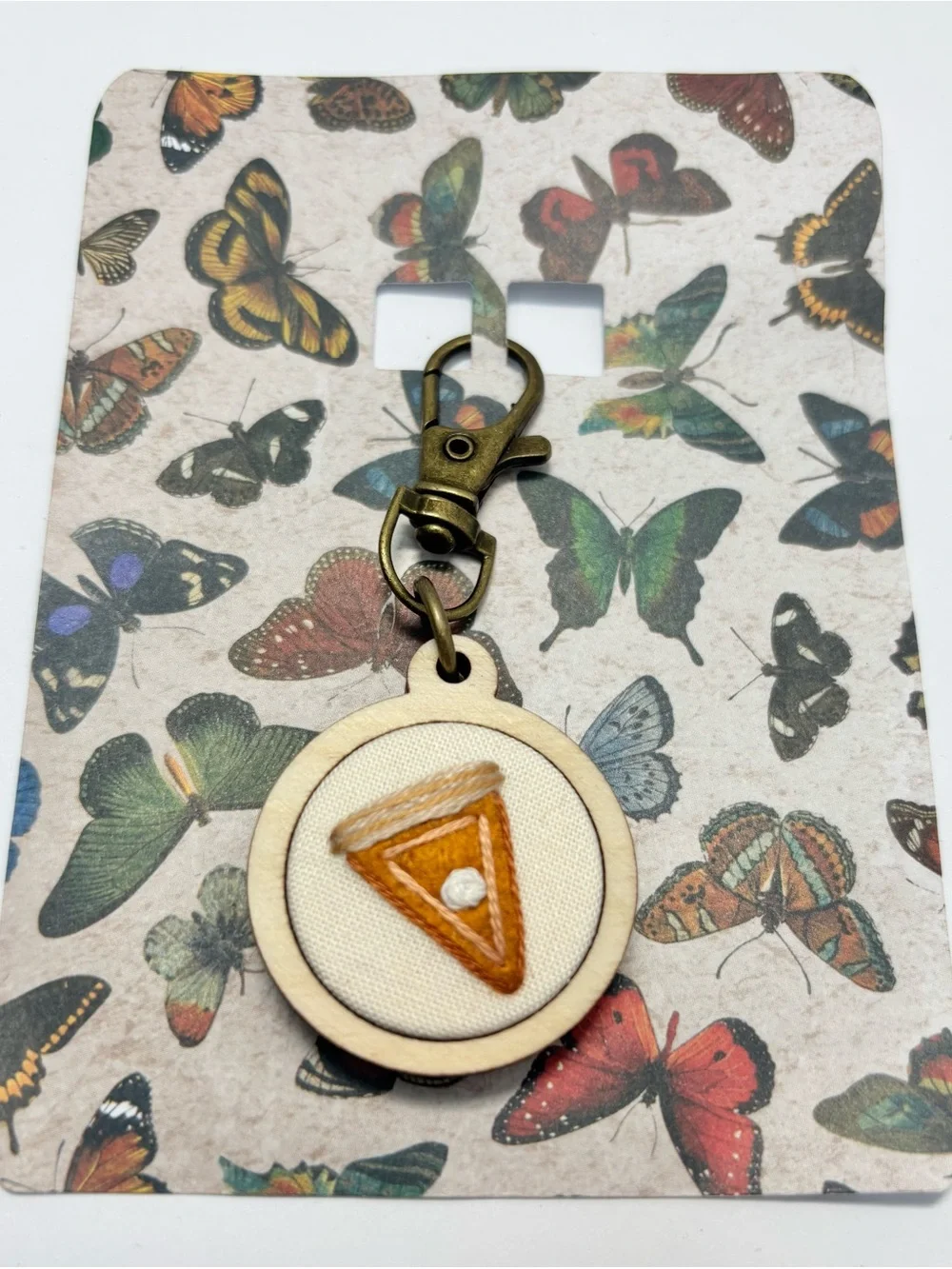 Artisan Handmade Pumpkin Pie Slice Embroidered Felt Keychain Wood Hoop